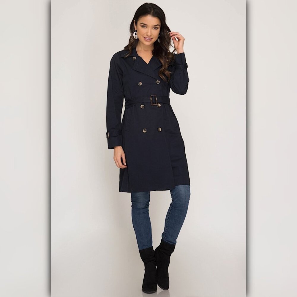 A090 • Navy Double Breasted Belted Trench Coat - Picture 4 of 7